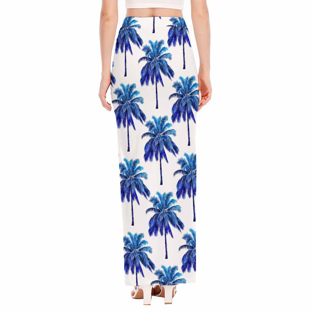 Blue Palm Tree Pattern Print High Slit Maxi Skirt