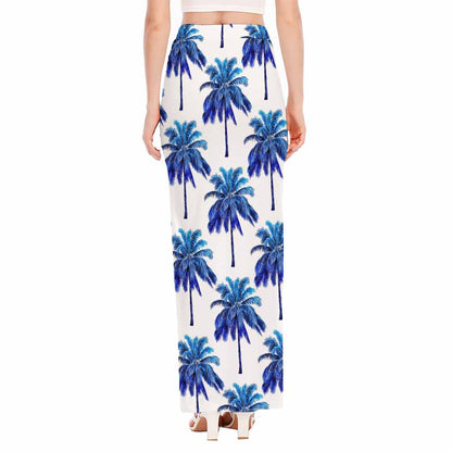 Blue Palm Tree Pattern Print High Slit Maxi Skirt