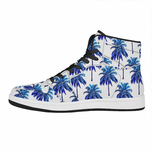 Blue Palm Tree Pattern Print High Top Leather Sneakers