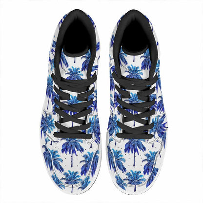 Blue Palm Tree Pattern Print High Top Leather Sneakers