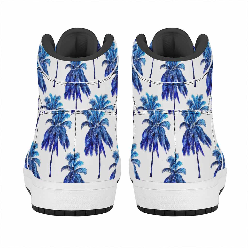 Blue Palm Tree Pattern Print High Top Leather Sneakers