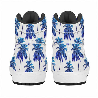 Blue Palm Tree Pattern Print High Top Leather Sneakers