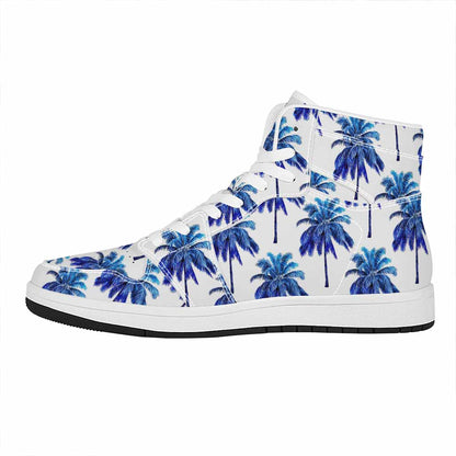 Blue Palm Tree Pattern Print High Top Leather Sneakers