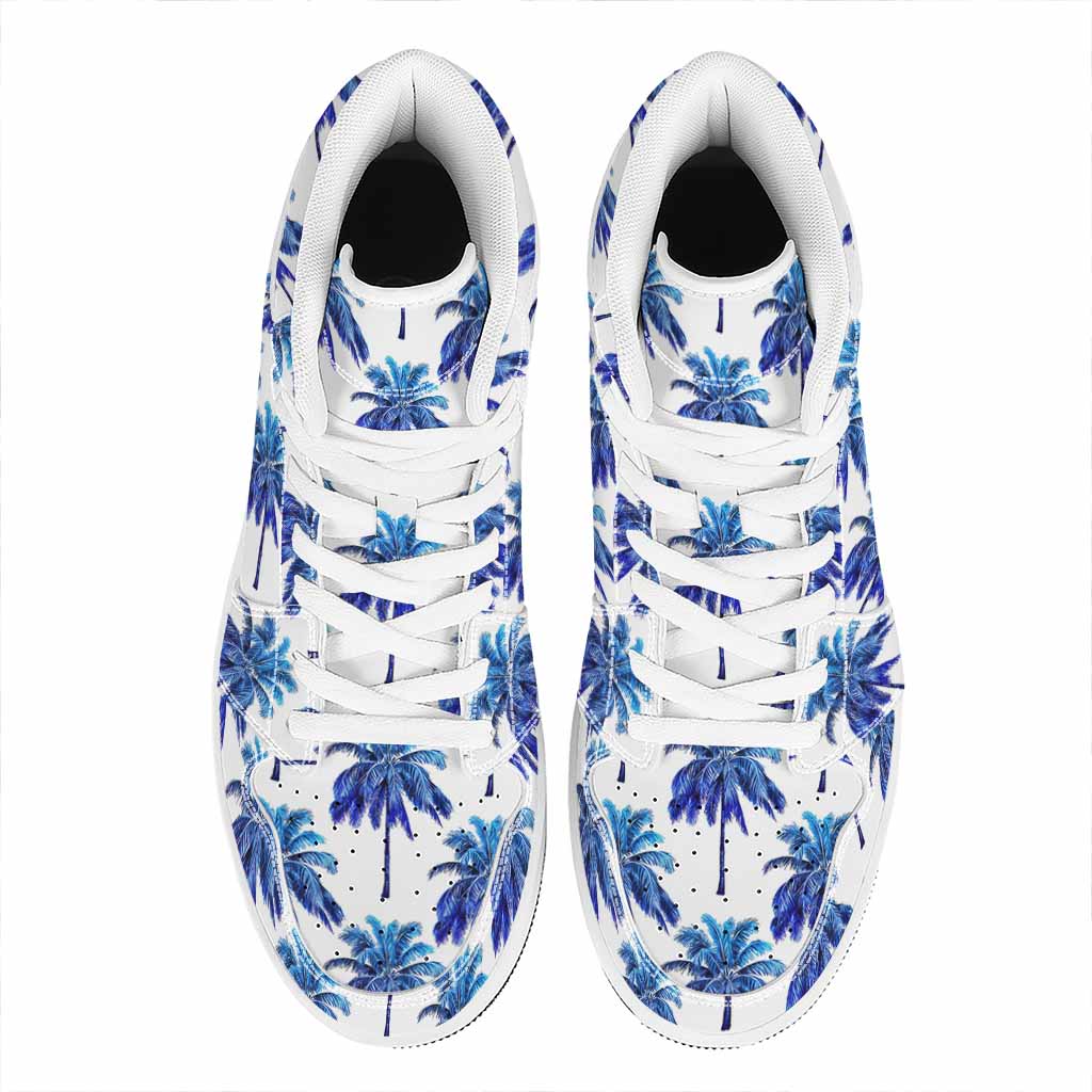 Blue Palm Tree Pattern Print High Top Leather Sneakers
