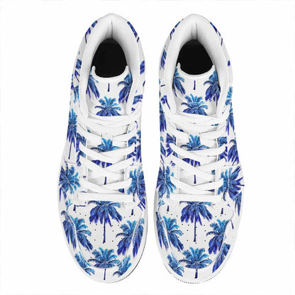Blue Palm Tree Pattern Print High Top Leather Sneakers
