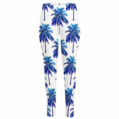 Blue Palm Tree Pattern Print High-Waisted Pocket Leggings