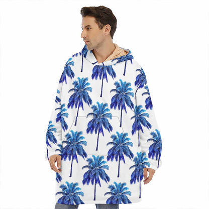 Blue Palm Tree Pattern Print Hoodie Blanket
