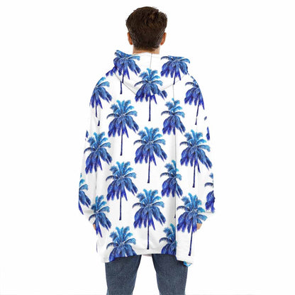 Blue Palm Tree Pattern Print Hoodie Blanket