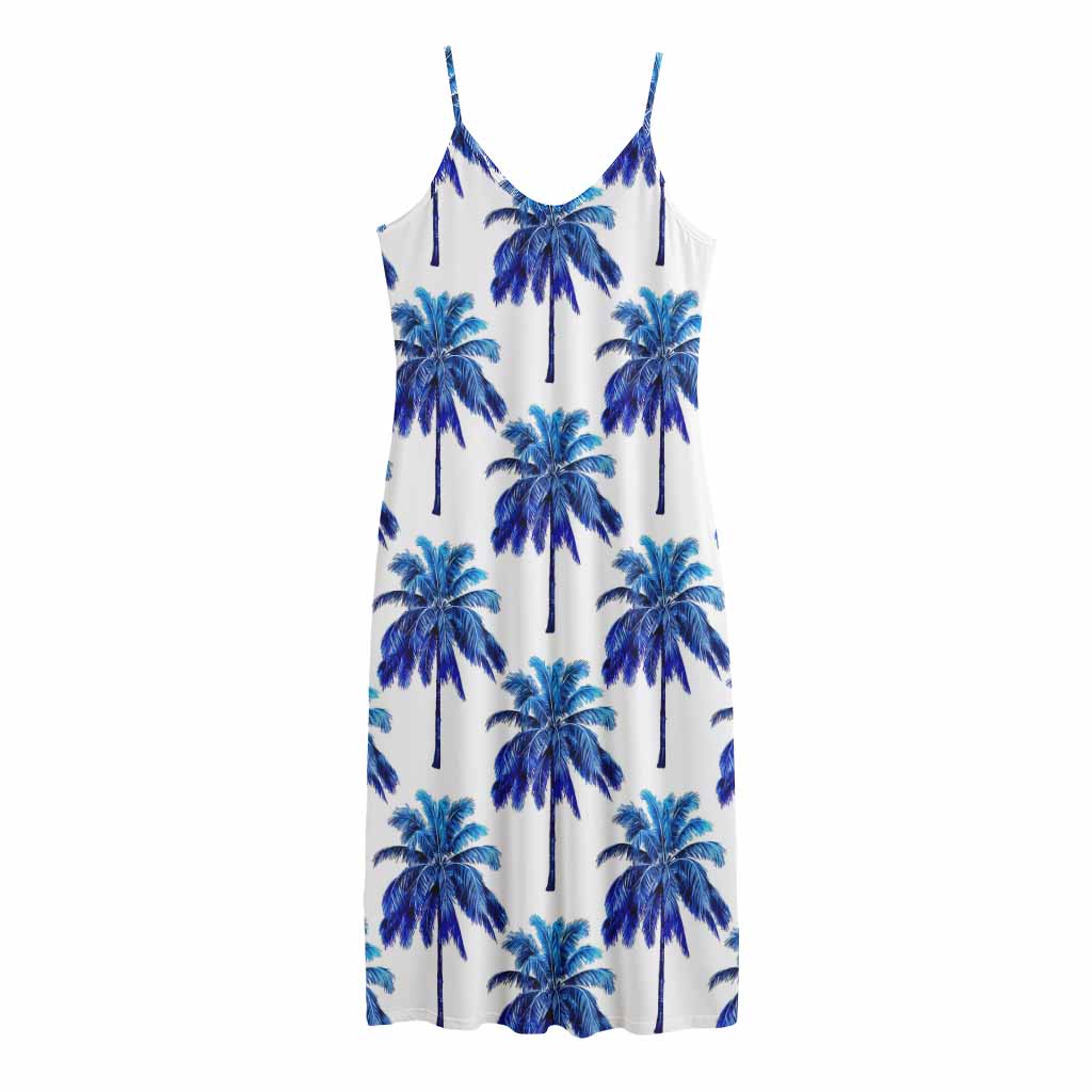 Blue Palm Tree Pattern Print Jersey Midi Cami Dress