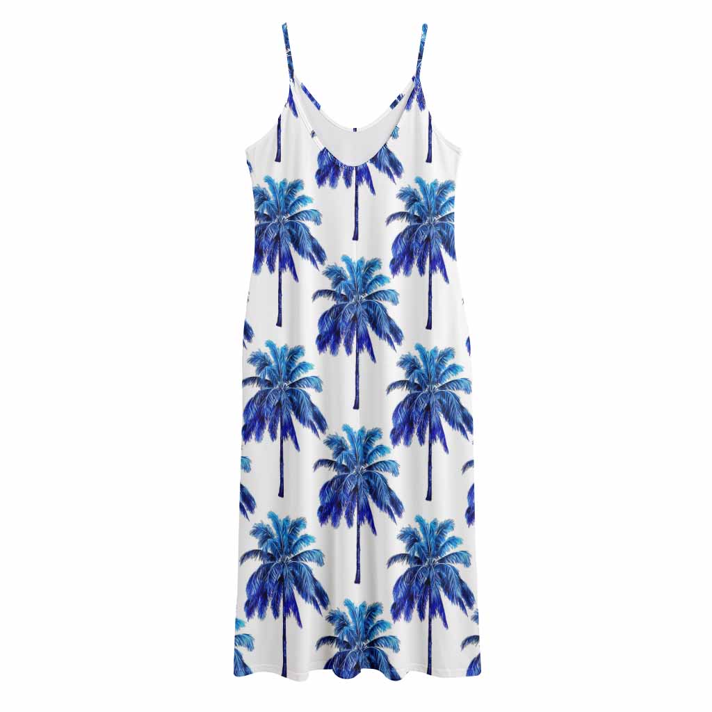 Blue Palm Tree Pattern Print Jersey Midi Cami Dress