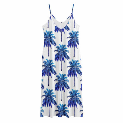 Blue Palm Tree Pattern Print Jersey Midi Cami Dress