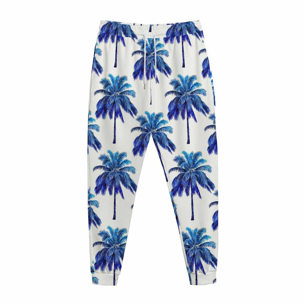 Blue Palm Tree Pattern Print Jogger Pants