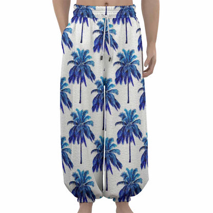 Blue Palm Tree Pattern Print Lantern Pants