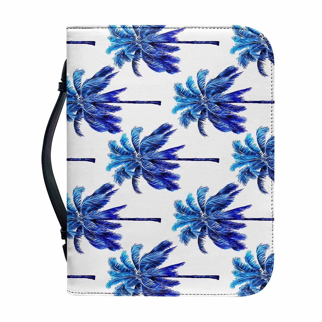 Blue Palm Tree Pattern Print Leather Bible Cover
