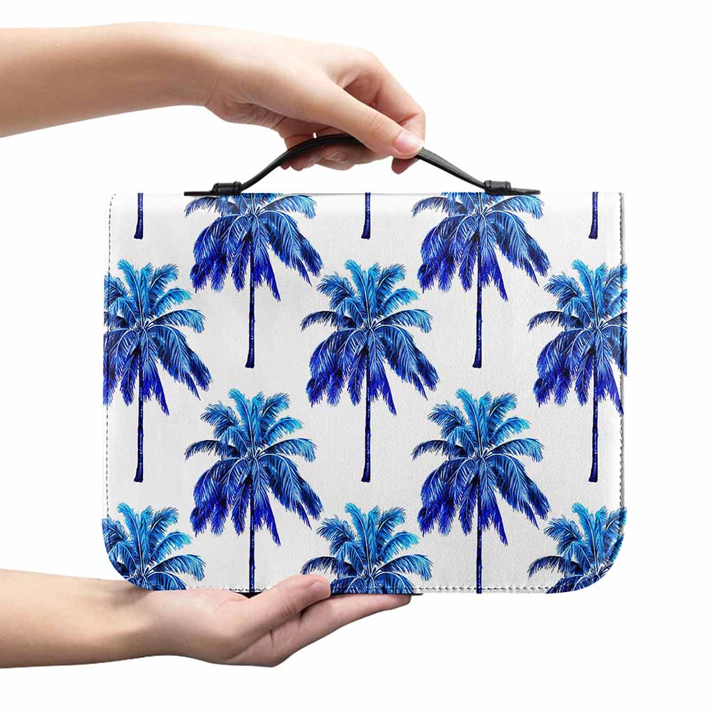 Blue Palm Tree Pattern Print Leather Bible Cover