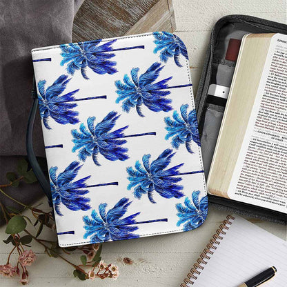 Blue Palm Tree Pattern Print Leather Bible Cover