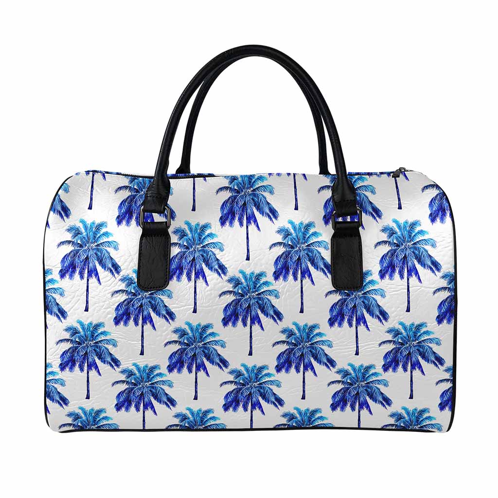 Blue Palm Tree Pattern Print Leather Duffle Bag