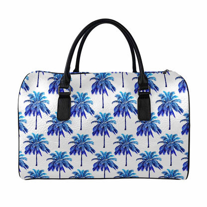 Blue Palm Tree Pattern Print Leather Duffle Bag