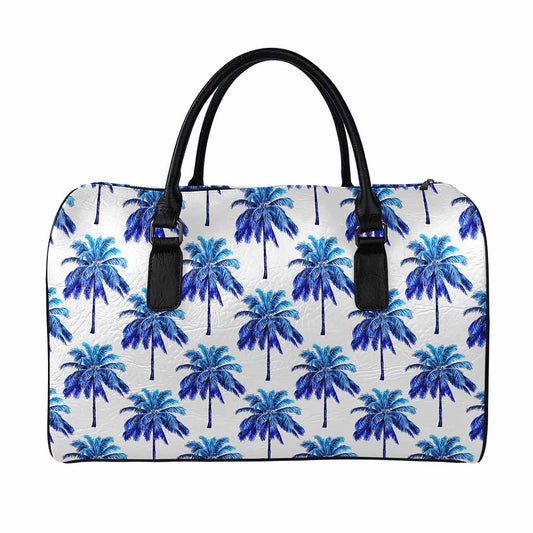 Blue Palm Tree Pattern Print Leather Duffle Bag