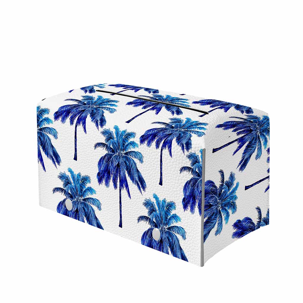 Blue Palm Tree Pattern Print Leather Tissue Box Cover