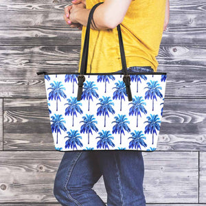 Blue Palm Tree Pattern Print Leather Tote Bag