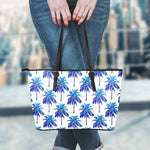 Blue Palm Tree Pattern Print Leather Tote Bag