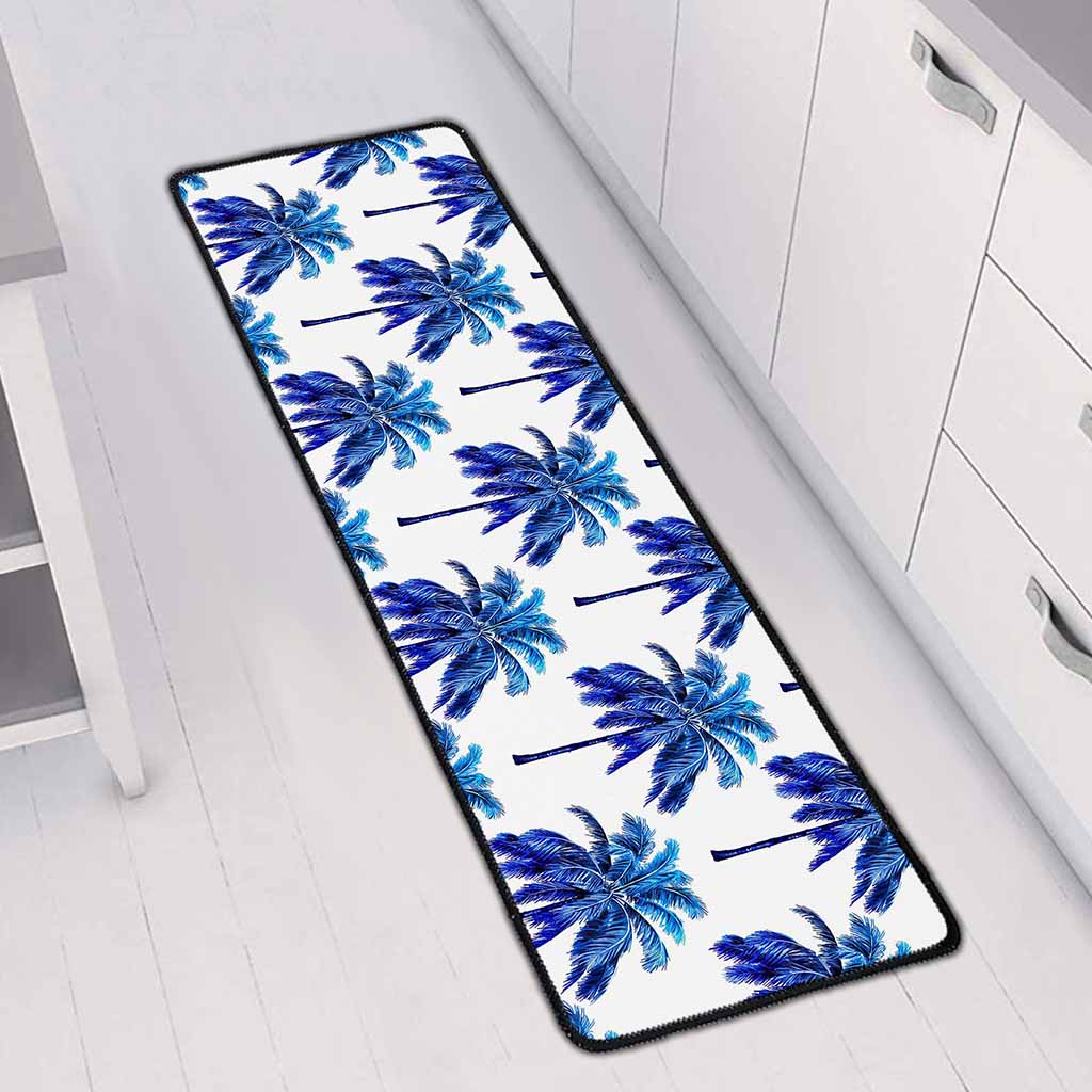 Blue Palm Tree Pattern Print Long Kitchen Mat