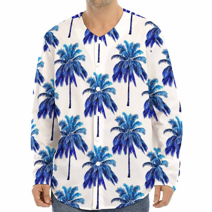 Blue Palm Tree Pattern Print Long Sleeve Baseball Jersey