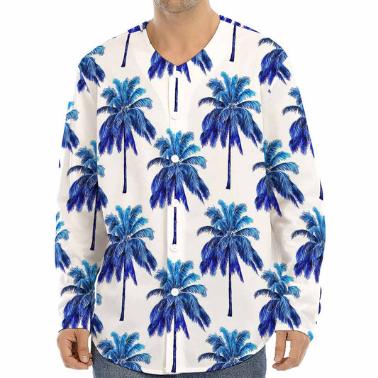 Blue Palm Tree Pattern Print Long Sleeve Baseball Jersey
