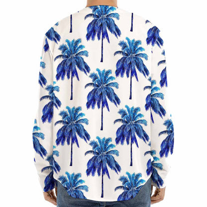 Blue Palm Tree Pattern Print Long Sleeve Baseball Jersey
