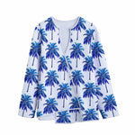Blue Palm Tree Pattern Print Long Sleeve Short Coat