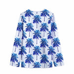 Blue Palm Tree Pattern Print Long Sleeve Short Coat