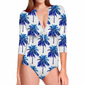 Blue Palm Tree Pattern Print Long Sleeve Swimsuit