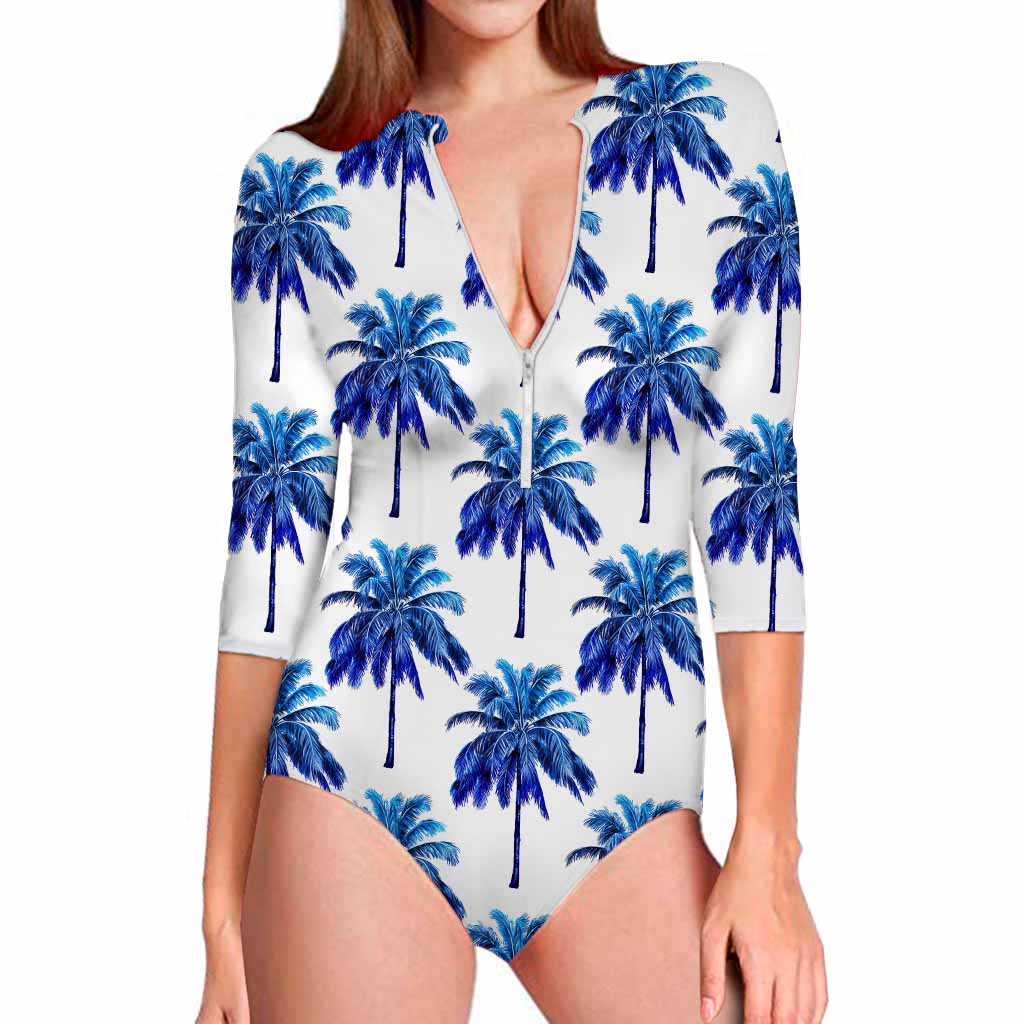Blue Palm Tree Pattern Print Long Sleeve Swimsuit