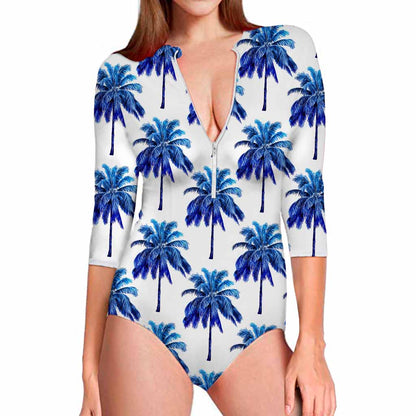 Blue Palm Tree Pattern Print Long Sleeve Swimsuit