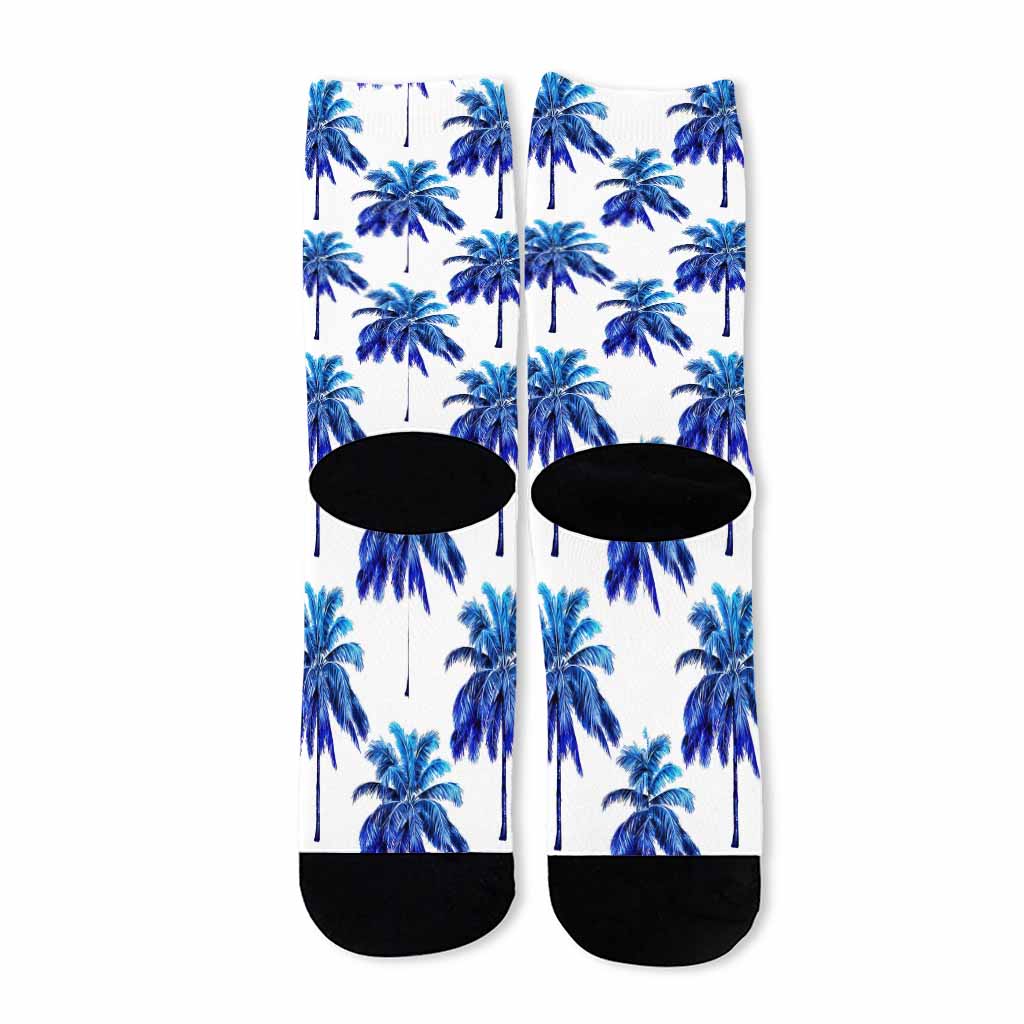 Blue Palm Tree Pattern Print Long Socks