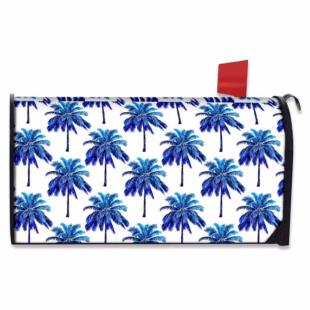 Blue Palm Tree Pattern Print Mailbox Cover