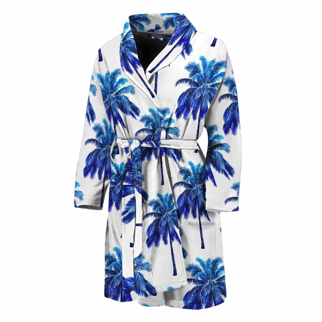 Blue Palm Tree Pattern Print Men's Bathrobe