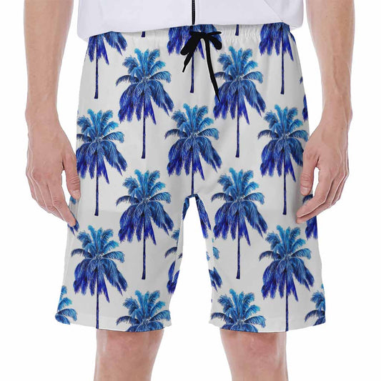 Blue Palm Tree Pattern Print Men's Beach Shorts