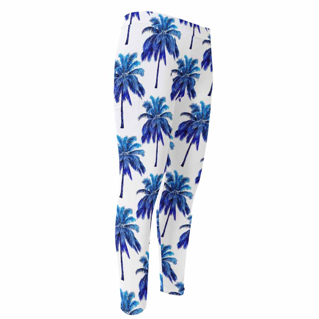 Blue Palm Tree Pattern Print Men's Compression Pants