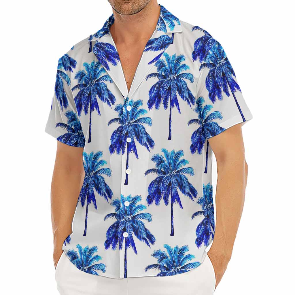 Blue Palm Tree Pattern Print Men's Deep V-Neck Shirt