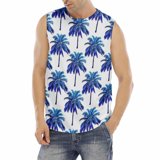 Blue Palm Tree Pattern Print Men's Fitness Tank Top