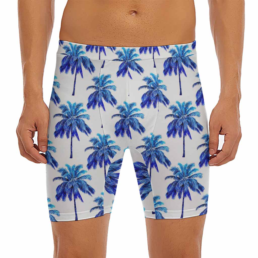 Blue Palm Tree Pattern Print Men's Long Boxer Briefs