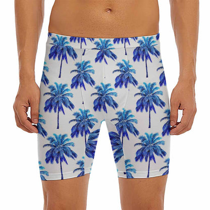 Blue Palm Tree Pattern Print Men's Long Boxer Briefs