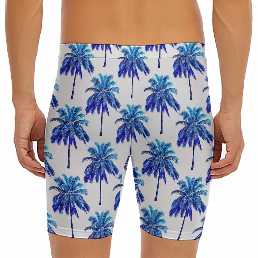 Blue Palm Tree Pattern Print Men's Long Boxer Briefs