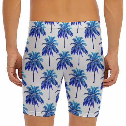 Blue Palm Tree Pattern Print Men's Long Boxer Briefs