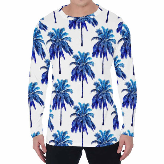 Blue Palm Tree Pattern Print Men's Long Sleeve T-Shirt