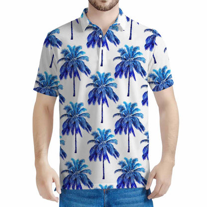 Blue Palm Tree Pattern Print Men's Polo Shirt