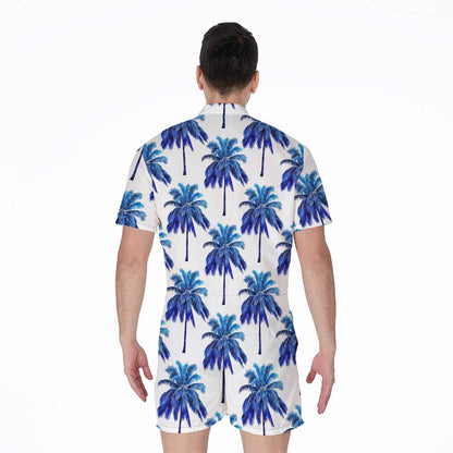 Blue Palm Tree Pattern Print Men's Rompers