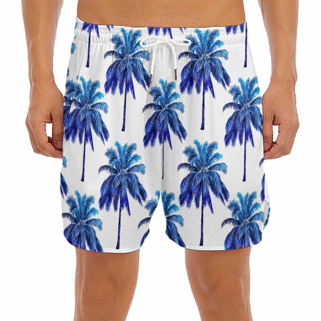 Blue Palm Tree Pattern Print Men's Split Running Shorts